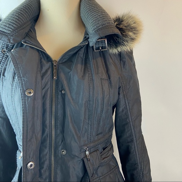 Laundry Shelli Segal Small Genuine Fox Fur Hood Black Zip Up Belted Jacket Coat - Picture 5 of 12